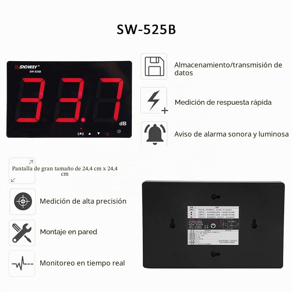 Medidor De Nivel De Sonido, Pantalla Lcd De 9.6 Pulgadas Medidor De Ruido Decibel Con Registrador De Datos Y Alarma Negro