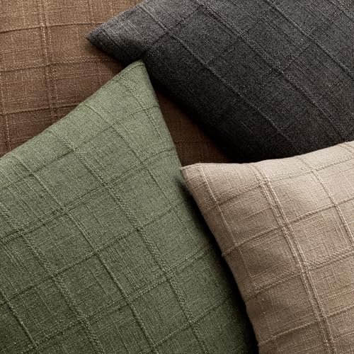 Image of Foindtower Set of 2 Decorative Linen Check Throw Pillow Covers Neutral Farmhouse Vintage Cushion Covers Modern Boho Home Decor for Sofa Chair Couch Bedroom Living Room,22x22 Inch,Brown Hazel