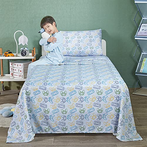 Viviland Kids Twin Sheet Set - Boys Game Twin Sheet Set - Kids Boys Twin Microfiber Fitted Sheet (15" Deep Pocket) Flat Sheet - Light Grey Game Paddle Controller Printed #TOP7