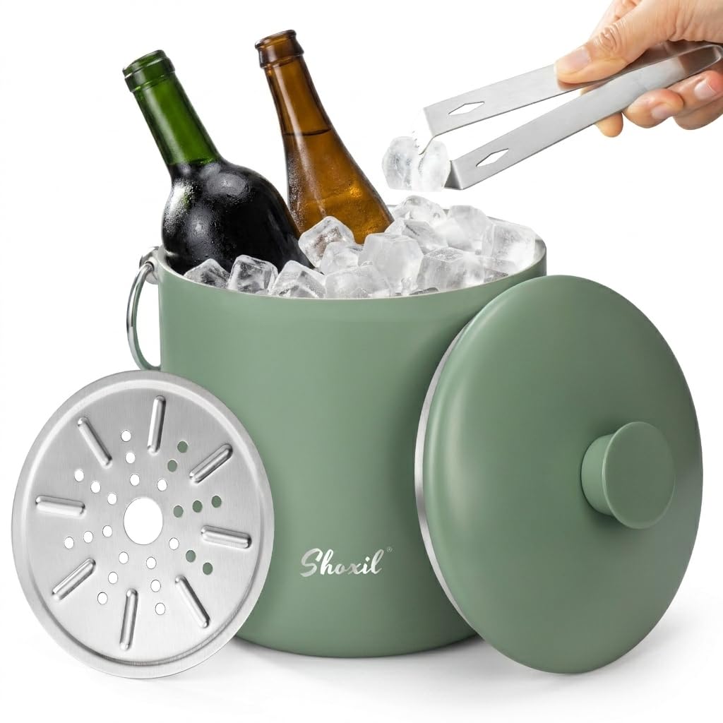 Cubo de hielo grande de 3 litros para fiestas y cócteles, enfriador de hielo de acero inoxidable con tapa y pinzas, cubo de hielo de estilo retro para congelador y bebidas