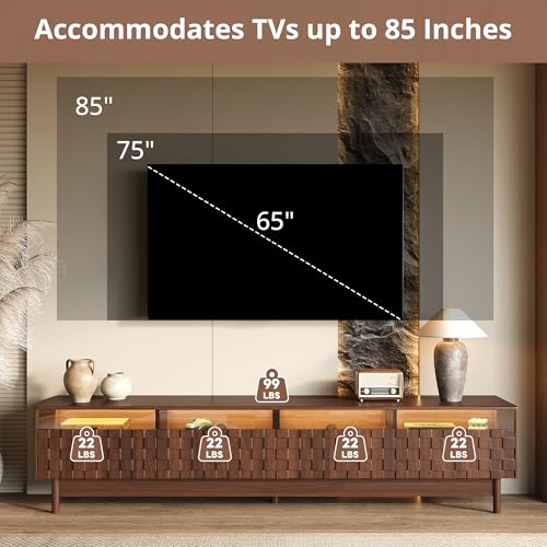 Image of Merax 78 inch TV Stand for TVs Up to 85 inch, Modern Entertainment Center with LED Lights, 4 Drawers & Glass Front, Media Console with Unique Mosaic Front Design for Living Room