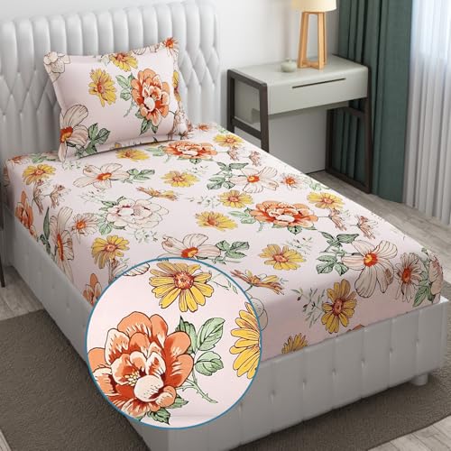 Image of Fresh From Loom Floral Print Microfiber Single Bed Bedsheet Set - Anti Fade, 240 TC, 1 Pillow Covers Included (60 x 90 inch| Pink, Floral Design)