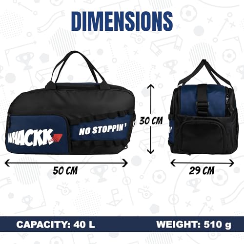 Image of Whackk Arnold 40L Gym & Sports Duffle Bag | Workout, Training & Travel Kitbag with Separate Shoe & Wet-Dry Pocket | Unisex | Lightweight | Made in India (Blue Black)