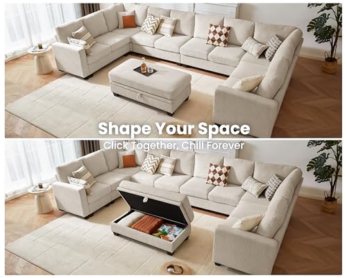Image of CHIC HOUSE Modular Sectional Couch| Corduroy L Shaped Sleeper Sofa, U-Shape Sofa Bed Convertible Chaise with Storage Ottoman for Living Room Modern Furniture (Beige, 12 Seater U-Shaped)