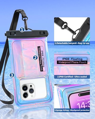 Image of Floating Waterproof Phone Pouch - Dazzling Purple, Up to 7.5 inch | Touchscreen, IP68 Waterproof Phone Case, Adjustable Lanyard, Fits All Phones - Kayak Beach Cruise Ship Travel Essentials