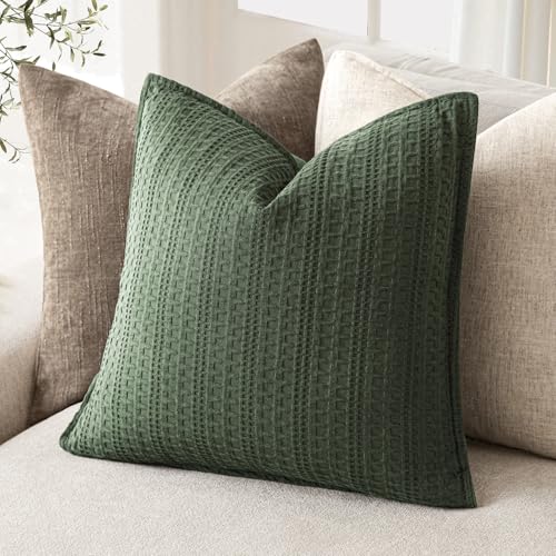 Image of Foindtower Set of 2 Decorative Cotton Waffle Weave Throw Pillow Covers Euro Shams Cushion Covers Accent European Pillowcase for Bed Couch Sofa Bedroom Living Room Home Decor 26x26 Inch Dark Green