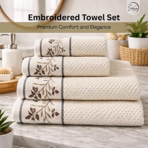 Image of SENSES By Riba Cotton Embroidered Towel Set, 550 GSM Soft & Absorbent, Antimicrobial, Oeko-Tex Certified | Ideal for Home & Gifting, Pack of 4 (2 Bath 27 inchX50 inch + 2 Hand Towels 16 inchX26 inch) - Style 20