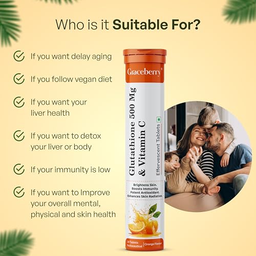 Image of Graceberry Glutathione Tablets for Glowing Skin | 60 Effervescent Tablets with L-Glutathione & Vitamin C | Sugar-free Antioxidant & Skin Glow Supplement for Skin Radiance | Orange (Pack of 3)