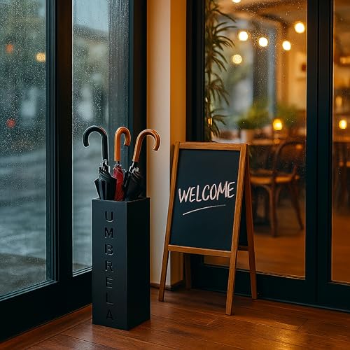 Image of Hiceeden Square Metal Umbrella Holder, Free Standing Umbrella Rack Stand for Indoor Entryway, Umbrella Canes Walking Sticks Storage Bin for Office, Home, Hotel, Shop, 6.3 inch x 6.3 inch x 16.5 inch, Black