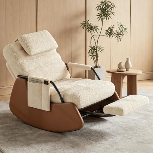 PerGar Mecedora con reposapiés plegable, respaldo ajustable, sillón relax con reposacabezas y acolchado grueso, sillón de salón para salón y habitación de bebé, color beige (lana de cordero)
