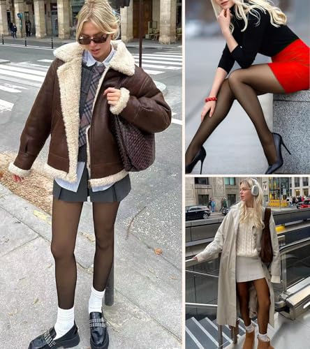 Image of Fleece Lined Tights Women,Tummy Control Fake Translucent Warm Pantyhose High Waist Leggings for Winter