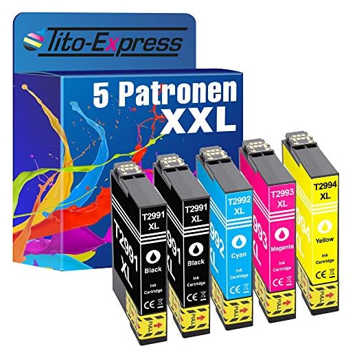 Tito-Express PlatinumSerie Patroner XXL kompatibel med Epson T2991 - T2994 29XL Expression Home XP-235 245 247 255 257 335 345 355 435 445 455 | Svart 18 ml, färg 15 ml (02) 5er Spar-Set cyan