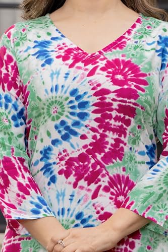 Image of Women's Tie-Dye Printed Kurti, V-Neck, 3 /4 Sleeves, Multicolour, Casual Wear