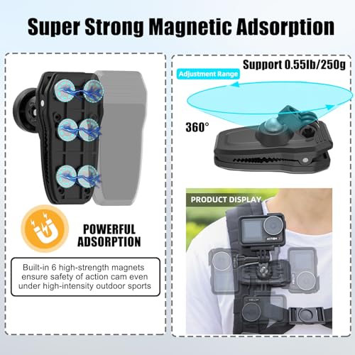 HAFOKO OSMO Pocket 3 Magnetic Backpack Clip Mount 360° Rotation Shoulder Strap Holder compatible for DJI OSMO Pocket 3 Accessories/GoPro Hero 13/12/11/10/9/8/7/6/5/Insta 360 X4 X3 X2 X ONE RS R GO3 - Image 3