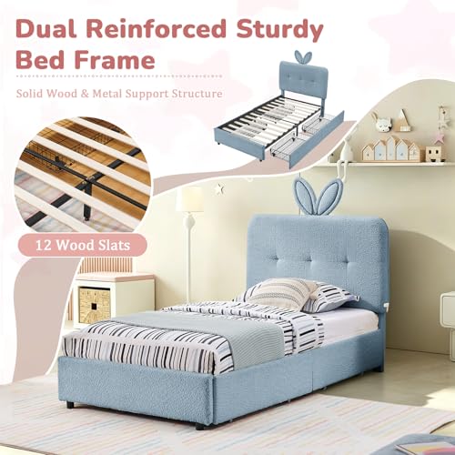 Image of Twin Led Bed Frame with 4 Storage Drawer, Upholstered Platform Floor Bed with Rabbit Ear Headboard Daybed Strong Wooden Slats No Box Spring Needed for Kids Girls Boys, Blue