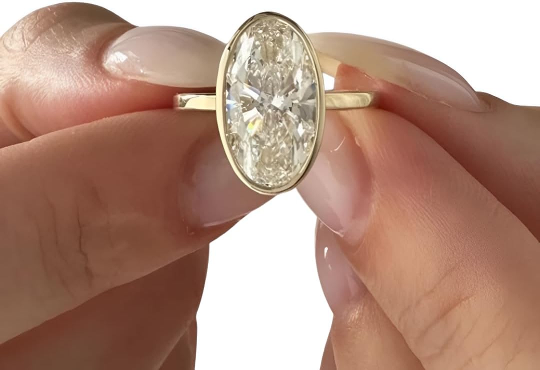 5 Ct Oval Cut Diamond Elegant High Polished Bezel Set Solitaire Engagement Rings For Women 14K Yellow Gold Plated Unique Proposal Ring 925 Sterling Silver Handmade Promise Ring Gift For Her