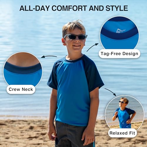 Kanu Surf Boys' Short Sleeve UPF 50+ Rashguard Swim Shirt, Contrast Royal, 2T - Thumbnail 3