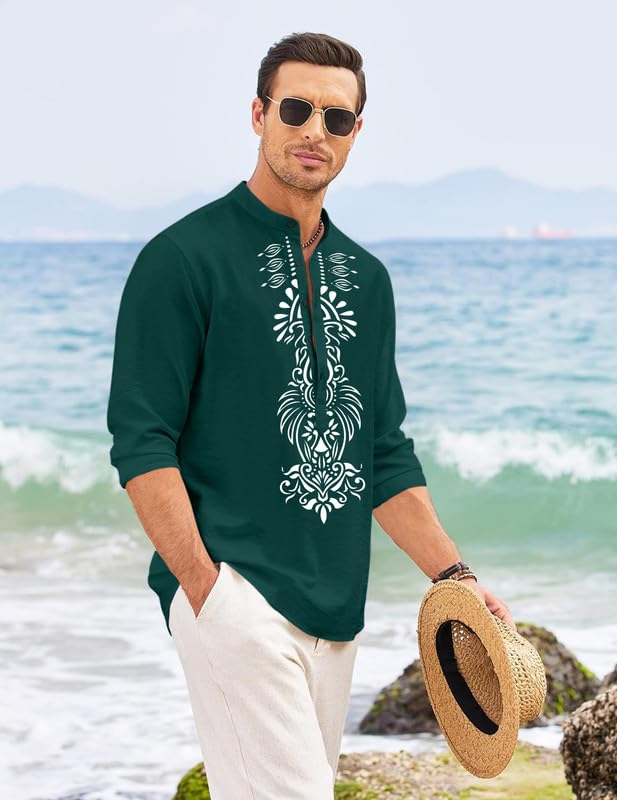 Image of FINIVO FASHION Men's Cotton Blend Short Kurta with Bold Printed Front Design | Full Sleeve Ethnic Casual Kurta with Mandarin Collar | Artistic Festival & Travel Wear for Modern Ethnic Style