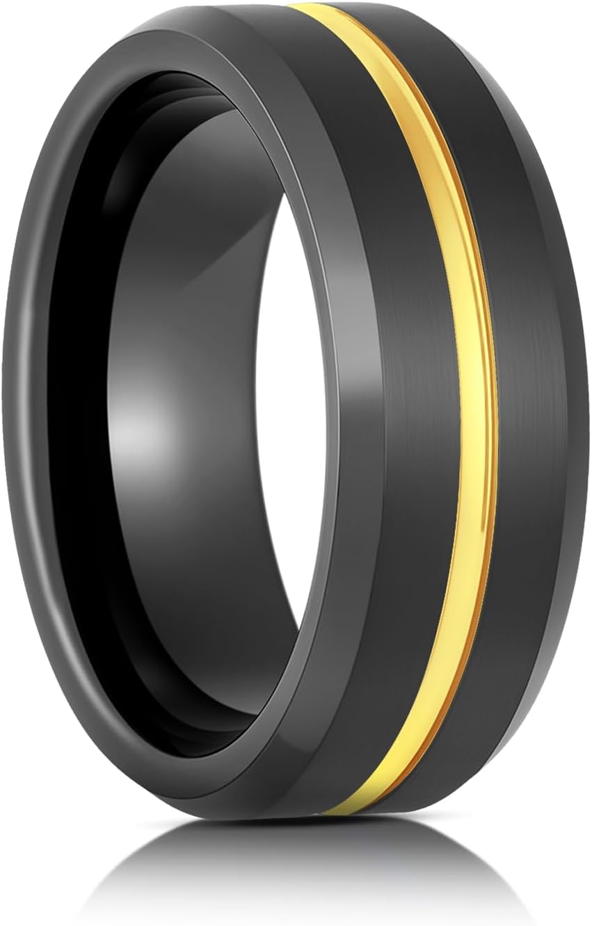 Tungsten Rings for Men's Wedding Bands Black Matte Brushed Gold and Blue Grooved Center Comfort Fit Inside Size 6-16