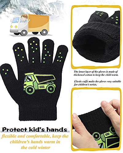 SATINIOR 6 Pairs Trucks Pattern Stretch Gloves Kids Winter Knitted Gloves for Boys Girls, Kid Children Toddler, Black, 5-11 years old4