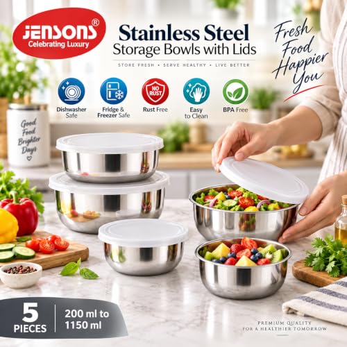 Image of JENSONS Stainless Steel Storage Bowls with Lids | 5 Pieces | 200 ml to 1150 ml | Airtight Food Containers | Stackable Nesting Set | Silver