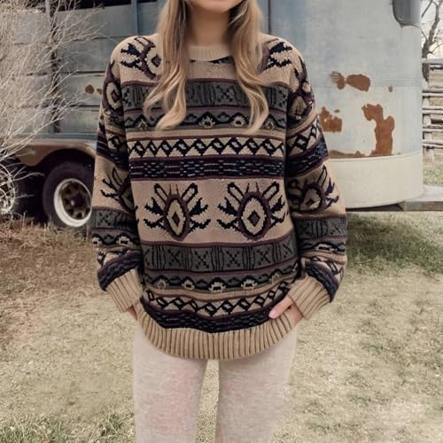 Image of Women Vintage Striped Pullover Sweater Y2k Long Sleeve Crew Neck Loose Knit Sweaters Fall Winter Knitwear