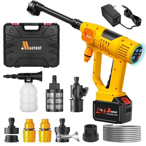 Muzisst Cordless Car Washer Portable Cleaning Tool with 6-in-1 Nozzle 10-Speed Adjustment Battery Level Display Self-Priming System for Car Garden Patio & Floor Cleaning