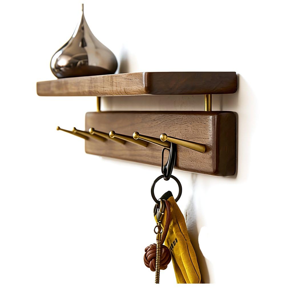 Qpkz Brown Walnut Wood Coat Rack Wall Mount With Shelf, Wall Hooks Entryway Hanging Shelves With Brass Hooks For Clothes Hats Towel Purse Robes, Bathroom Mudroom Bedroom 48Cm