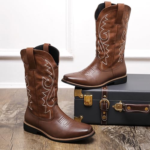 Men'S Leather Round Toe Block Heel Cowboy Boots Classic Embroidered Slip On Chunky Heel Men'S Western Mid Calf Boots4