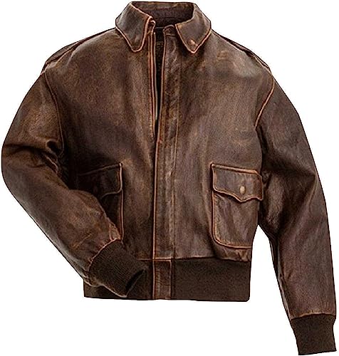 Vintage Aviator Style Men's Distressed Brown Leather G1 A2 Jacket - Classic USAAF Air Force Bomber Outerwear