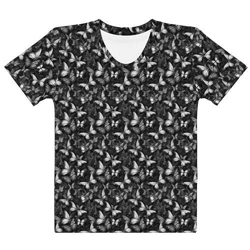 T-shirt papillon femmes noir et gris haut décontracté chic en coton imprimé pour le quotidien