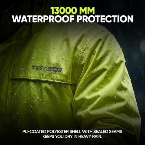Image of TVS Racing Rainshield Pro Rain Jacket | Lightweight Waterproof Rain Coat for Men | Compact Rain Jacket for Boys & Girls | Windproof Riding Rain Coat with Reflective Details - Neon