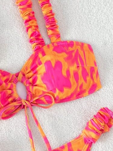 Women's Floral Print Bathing Suit Ruffle Trim Tie Back Swimsuit Bikini Set 2 Piece3