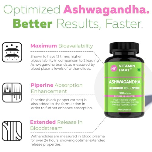 Image of Ashwagandha Supplements 90 Capsule| Organic Ashwagandha Powder Supplement for Men & Women | Supports Stress Management & Muscle Recovery Withanolides 10%, Piperine Bio Enhanced Formula by VitaminHaat