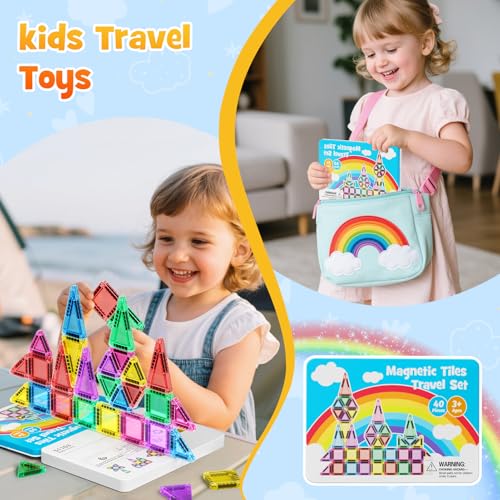Image of Travel Magnetic Tiles Set Kids: 40pcs Blocks Iron Box Carry,45s Storage