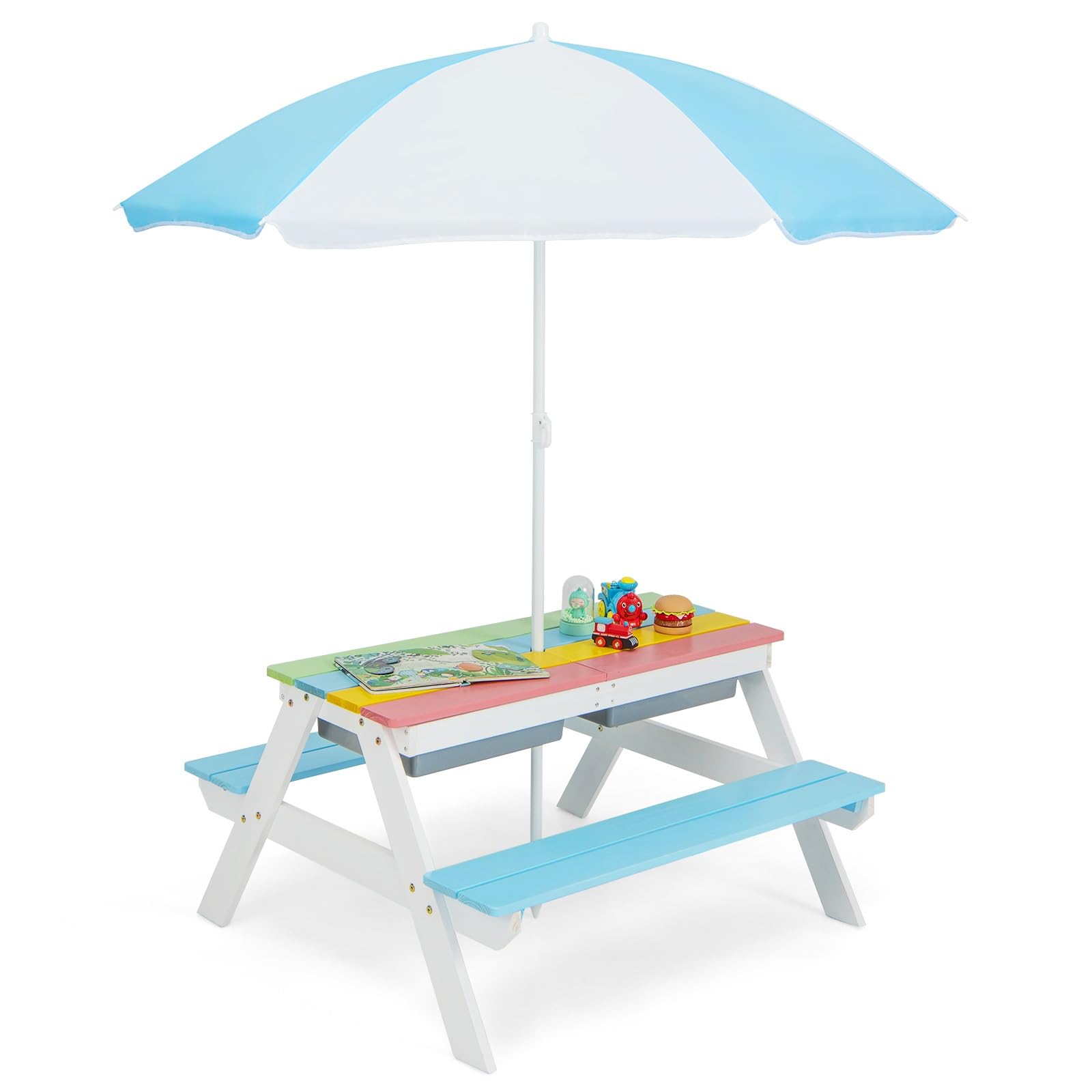 FIREFLOWERY Kids Picnic Table, 3-in-1 Toddler Picnic Table with Height Adjustable Umbrella, Kids Outdoor Table with Detachable Tabletop & Remove Play Boxes, Water Table for Garden, Yard (Blue)