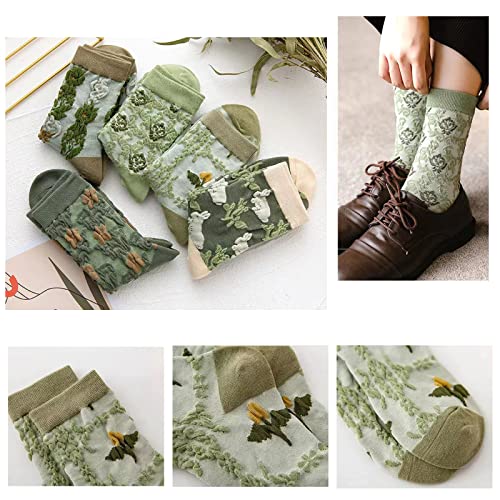 Image of DXYAKY 5 Pairs Womens Floral Cotton Socks Vintage Patterned Crew Socks Novelty Ankle Ruffled Warm Casual Dress Socks