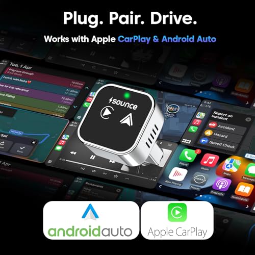 Image of Sounce Wireless 2-in-1 Apple CarPlay & Android Auto Adapter: Convert Wired to Wireless with Zero Latency Connection, Mini Design, Universal Compatibility for 1000+ Cars USB-C & Type-C Black and Silver