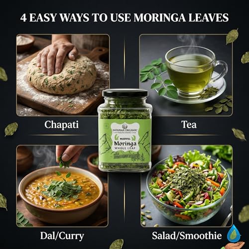 Image of Indiana Organic Moringa Whole Leaves Dry Leaf, Dried Drumstick Tree Leaves, Natural Super-Food - For Making Herbal Tea, Smoothies, Soups - 35 Gram (Pack of 2)