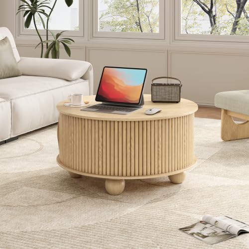Image of JOINICE 31.5 inch Round Coffee Table with Storage for Living Room,Natural Oak