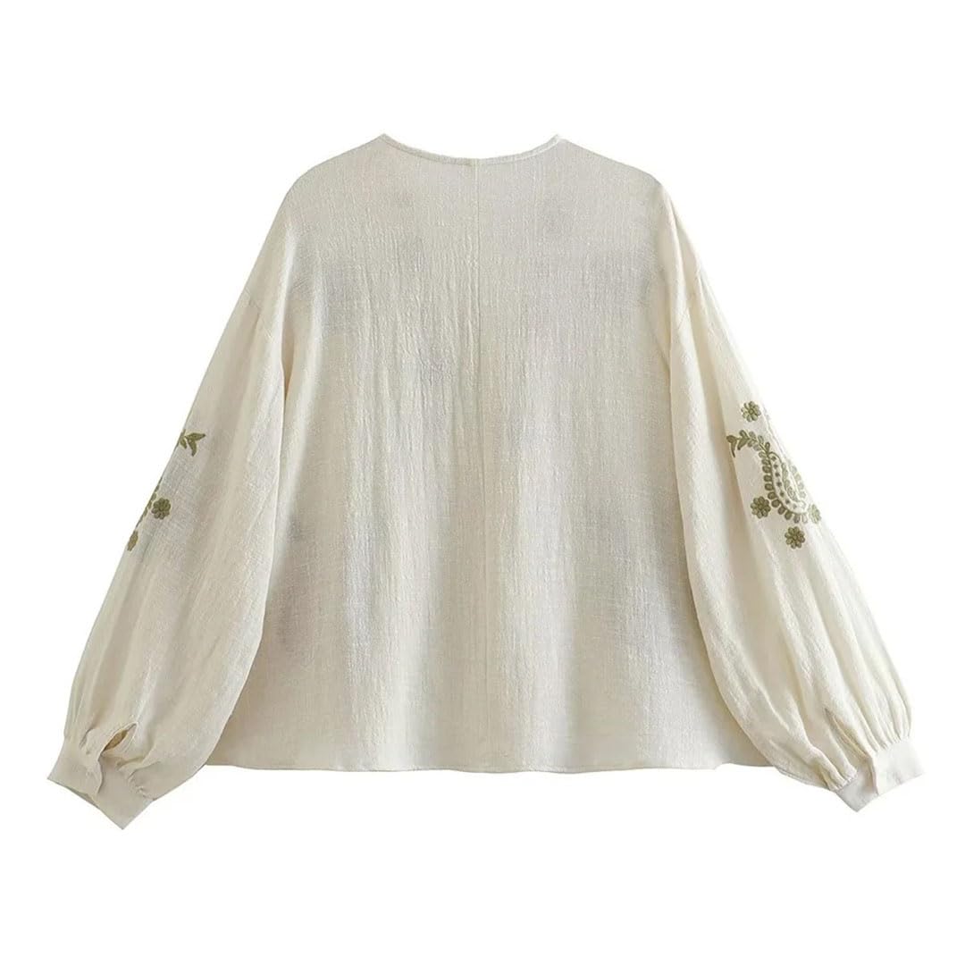 Camicia estiva da donna con scollo a V, maniche a lanterna, ampia, con fiori ricamati, in cotone
