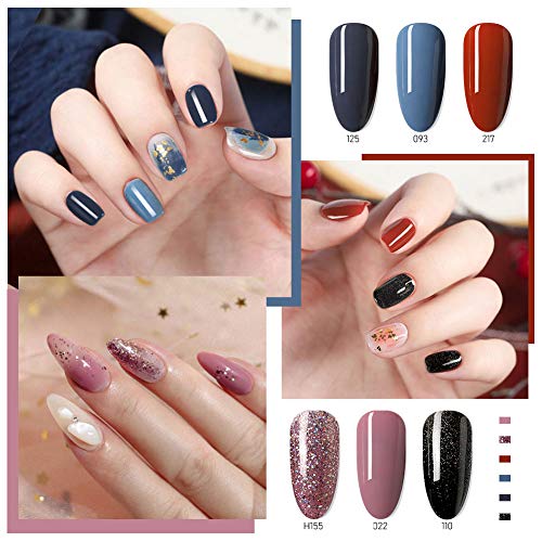 LÈFERS 8Pcs Gel Nail Polish Kit (10ml）, Top and Base Coat，Blue/Black/Wine Red，Soak Off UV Fashion Gel Nail Polish Gift Set, Trendy Full Colors Kit for Home Party Nail Salon Nail Art （Midnight Elf）