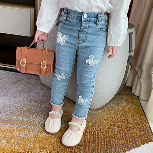 Kids Girls Butterfly Casual Stretch Jeans Raw Hem Denim Pants Classic Trousers Leggings2
