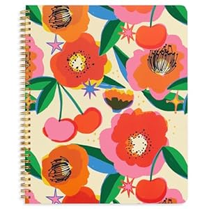 ban.do Floral Rough Draft Large Spiral Notebook, 11" x 9" with Pockets and 160 College Ruled Pages, Cherry Bomb