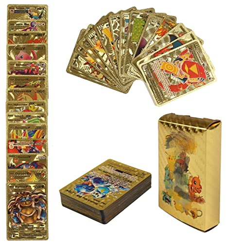 Image of 55PCS Rare Gold Foil Cards Rainbow TCG Deck Box Including Vmax Cards V Series Cards GX Cards Not Duplicates Gifts for Kids and Collectors