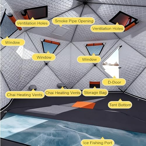 Large Insulated Ice Fishing Shelter for 3-5 People, 170cm Height, 4.4sqm Pop-Up Tent, Durable 420D Oxford Fabric, Stove Compatible, Windproof Winter Camping Gear