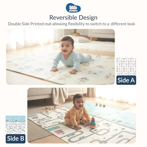 Image of Kids Station Double-Sided Waterproof Baby Playmat - Foldable, Portable & Reversible Foam Mat for Infants, Toddlers & Kids - Soft, Non-Slip, Easy-to-Clean Baby Crawling Mat for Indoor /Outdoor Use (200x150x1.0cm, City & Rocket Print Big)