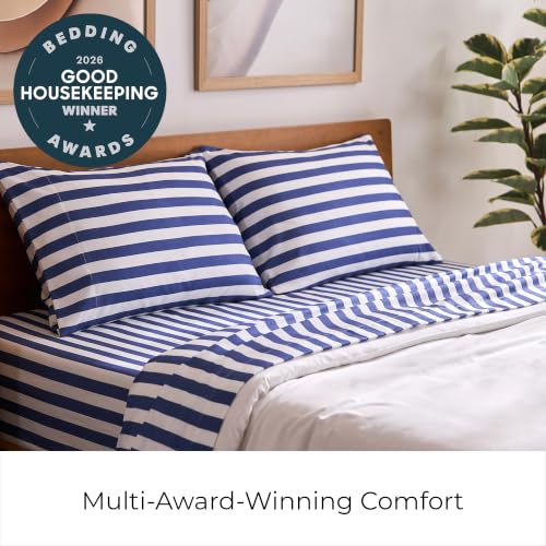 Image of Mellanni Split King Sheets Set - 5 PC Iconic Collection Bedding | Hotel Luxury, Extra Soft, Cooling Bed Sheets - Wrinkle, Fade, Stain Resistant (Split King, Oxford Stripe Blue Nova)