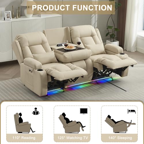 Image of URRED Power Loveseat Recliner Sofa with Massage and Heat, Wall Hugger Reclining Loveseat with Console, RV Couch Home Theater Seating with LED Lights for Living Room (Beige, 76.8 inch - 3 Seats)
