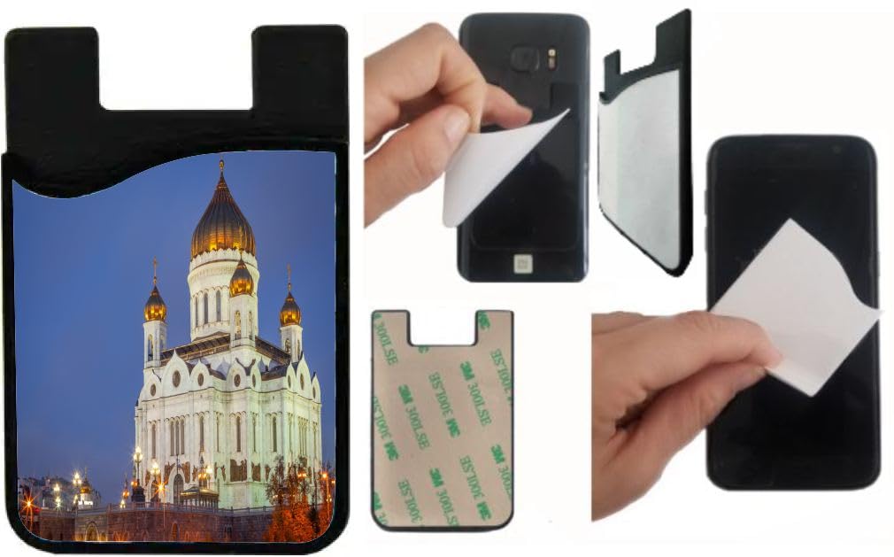 Island Gifting Neoprene Stick-on ID Card Holder for iPhone/Galaxy/Google Android Cases Featuring Image of Cathedral of Christ The Saviour at Evening in Russia